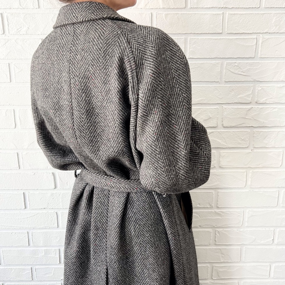 Vintage pure wool grey herringbone tweed oversized belted long over coat L